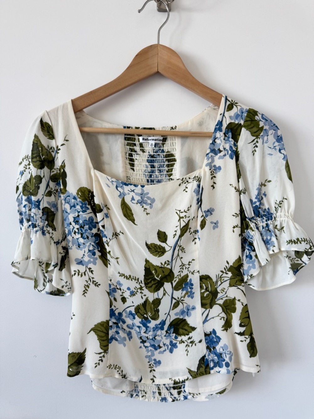 Reformation Cream Square-Neck Floral Top with Blue & Olive Print